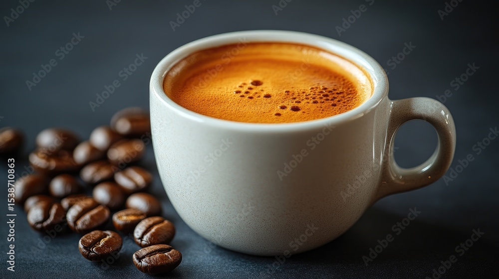 Fototapeta premium Espresso in a cup with coffee beans on dark background