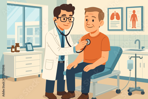 Doctor examining patient with stethoscope during medical consultation. Physician doing health checkup in clinic office. Healthcare, medicine, diagnosis, and treatment concept vector.