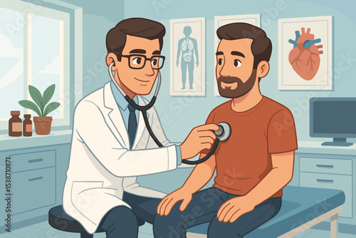 Doctor examining patient with a stethoscope during a medical consultation in a clinic. Physician doing a health check-up, listening to the heart. Healthcare and medicine vector concept.
