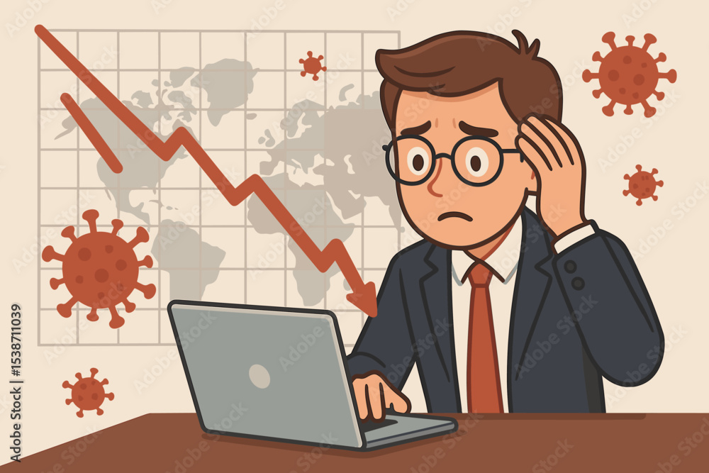 Concept of global economic crisis caused by coronavirus. Stressed man watches stock market crash. Financial recession, investment loss, and business failure concept. Concept of global economic crisis caused by coronavirus. Stressed man watches stock market crash. Financial recession, investment loss, and business failure concept.