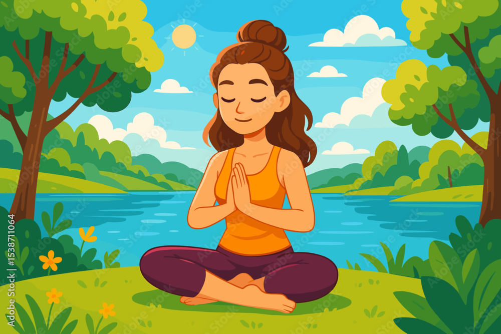 custom made wallpaper toronto digitalSerene woman doing yoga meditation in nature. Girl in lotus position practicing mindfulness for mental health by a lake. Outdoor exercise and healthy lifestyle vector cartoon.