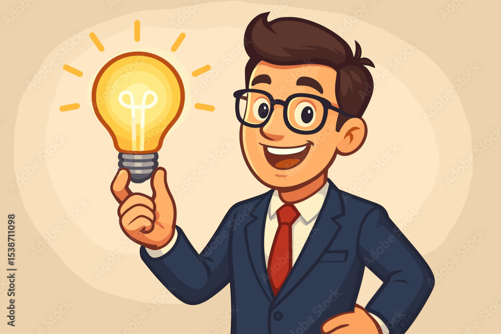 Businessman holding a glowing light bulb. Concept of creative idea, innovation, and solution. Happy entrepreneur character with inspiration for business success. Cartoon vector icon. Businessman holding a glowing light bulb. Concept of creative idea, innovation, and solution. Happy entrepreneur character with inspiration for business success. Cartoon vector icon.