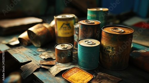 Rusty old metal cans and containers arranged on a wooden surface, showing signs of wear and age in vintage industrial setting.