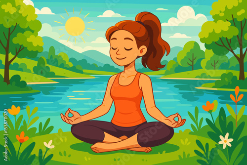 Wallpaper Mural Young woman practicing yoga and meditation in nature. Serene girl sitting in lotus pose by the lake. Concept of mindfulness, relaxation, harmony, and healthy lifestyle. Calm summer day. Torontodigital.ca