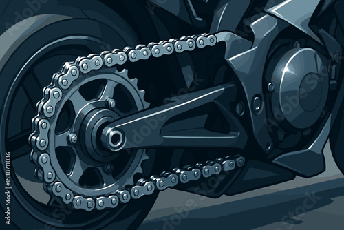 Motorcycle chain and sprocket closeup vector illustration. Motorbike rear wheel and drive transmission. Mechanical engineering and technology concept. Metal gear and bike parts.