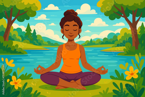 Woman meditating in nature. Yoga lotus pose for relaxation and mental health. Peaceful african american girl practicing mindfulness by a serene lake. Summer landscape vector illustration.