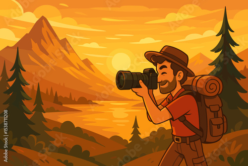 Photographer man with camera shooting a mountain landscape at sunset. Hiker with backpack on an adventure trip. Travel, tourism and outdoor hobby concept. Golden hour cartoon vector.