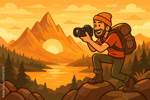 Man photographer with camera shooting mountain landscape at sunset or sunrise. Hiker with backpack on adventure travel. Nature photography hobby. Cartoon character vector illustration.