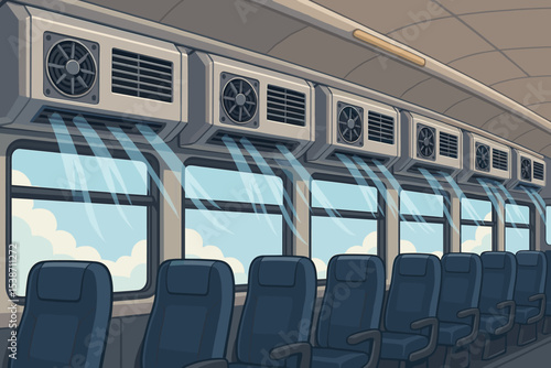 Air conditioning system in a bus or train interior with cool air flowing from vents. Public transport concept for comfortable travel. Empty seats and windows. Vector illustration.