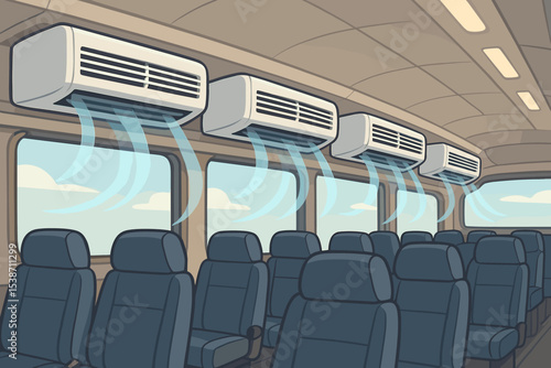 Public transport bus interior with air conditioning system. Vector illustration of a climate control unit blowing cold air for passenger comfort in an empty coach on a summer day.