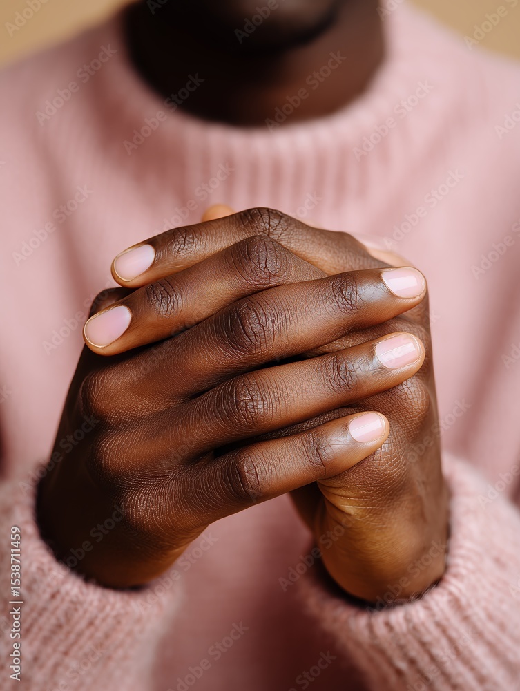 Fototapeta premium Close-up of clasped hands with natural nails wearing a cozy pink sweater, conveying warmth and comfort.