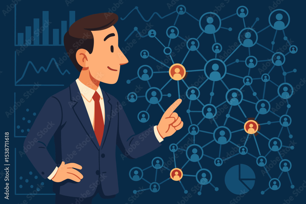Businessman analyzing social network data for marketing strategy. Concept of CRM, big data, and human resources. Manager pointing at target audience. Customer segmentation analysis. Businessman analyzing social network data for marketing strategy. Concept of CRM, big data, and human resources. Manager pointing at target audience. Customer segmentation analysis.