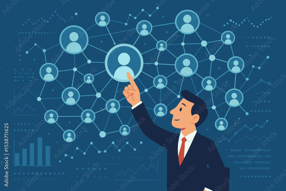 Businessman analyzing social network data for marketing. Manager pointing at user profile icon for customer relationship management (CRM). HR and big data analytics concept. Businessman analyzing social network data for marketing. Manager pointing at user profile icon for customer relationship management (CRM). HR and big data analytics concept.