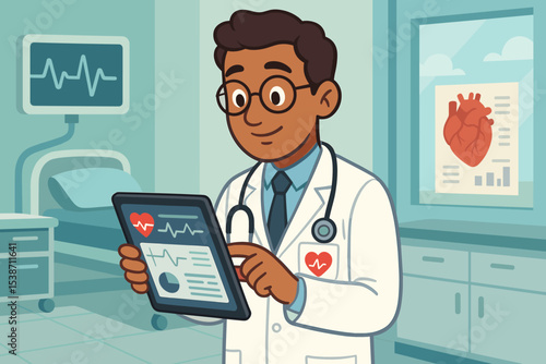 Cardiologist doctor character reviewing patient's EKG on a digital tablet. Male medical professional analyzing heartbeat data in a hospital room. Modern healthcare technology concept.