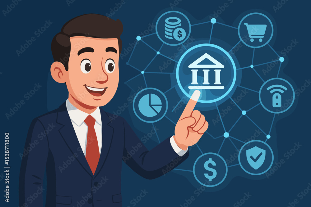 Businessman interacts with a digital banking network. Fintech concept showing online financial services, mobile payment, e-commerce, and secure transactions. Modern finance. Businessman interacts with a digital banking network. Fintech concept showing online financial services, mobile payment, e-commerce, and secure transactions. Modern finance.