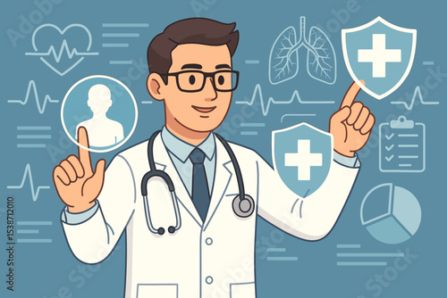 Virtual health examination with doctor using futuristic interface. Telemedicine, digital healthcare technology. Online consultation, patient records, medical data, health insurance vector.