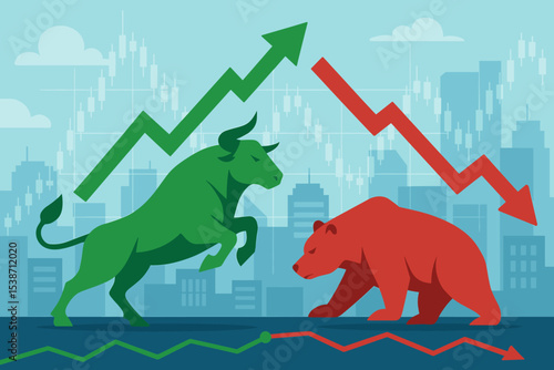 Bull and Bear stock market concept. Symbolizing bullish growth versus bearish recession. Vector illustration with green up and red down arrows. Finance, trade, investment, economy.