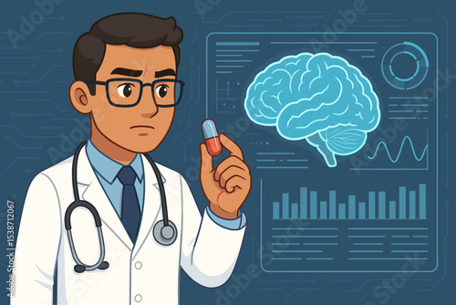 Male doctor or neurologist analyzing brain scan data on a futuristic interface. Scientist holding a pill, researching mental health treatment. Concept for pharmacology and neuroscience.