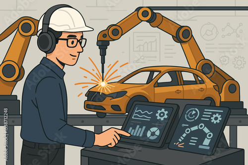Engineer operating industrial robotic arm for car welding on automated assembly line. Smart factory, automotive manufacturing, Industry 4.0 technology and production control.