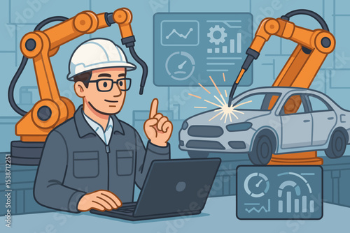 Industrial engineer managing automated robotic arms. Car manufacturing and welding on assembly line. Smart factory with control panel. Industry 4.0 automation concept.