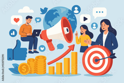 Social media marketing concept with business team. Digital strategy for online advertising, customer targeting, and growth. Global promotion with megaphone for financial success and ROI.