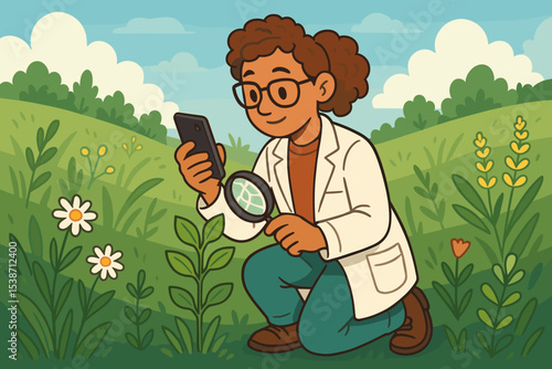 Scientist doing field research with a magnifying glass and smartphone. Female botanist studying plant specimen in nature. Concept for biology, ecology, botany, and biotechnology.