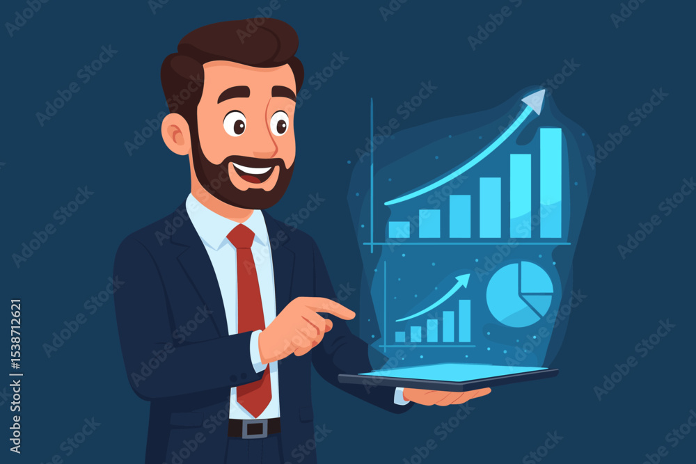 Happy businessman holding a tablet with a futuristic holographic interface showing a financial growth chart. Business success, data analysis, statistics, and investment concept. Vector. Happy businessman holding a tablet with a futuristic holographic interface showing a financial growth chart. Business success, data analysis, statistics, and investment concept. Vector.