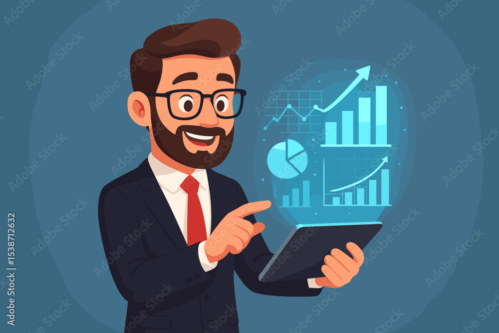 Businessman analyzing financial data on a futuristic holographic interface. Cartoon manager with tablet showing growth chart, data visualization, investment success, and stock market. Businessman analyzing financial data on a futuristic holographic interface. Cartoon manager with tablet showing growth chart, data visualization, investment success, and stock market.