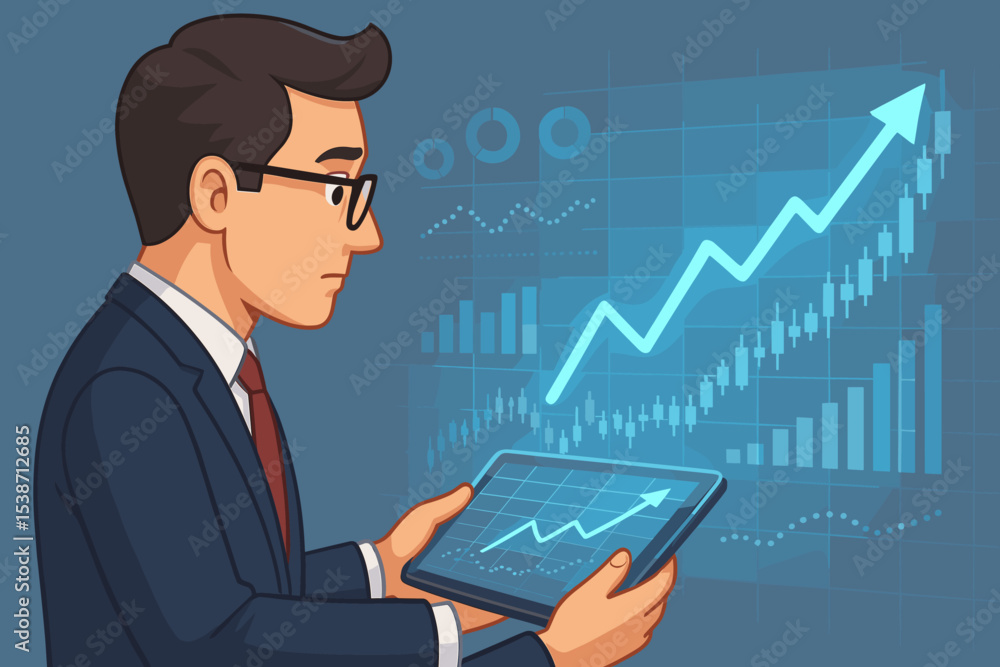 Businessman investor analyzing stock market data on a futuristic hologram interface. Financial analyst holding tablet with growing chart. Investment, trading, and technology concept. Businessman investor analyzing stock market data on a futuristic hologram interface. Financial analyst holding tablet with growing chart. Investment, trading, and technology concept.