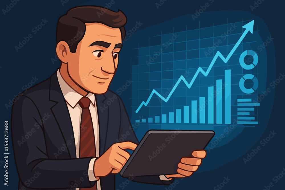 Businessman analyzing financial stock market data on a tablet. Futuristic hologram of a growth chart with an uptrend arrow. Investor success, trading, investment, and profit concept. Businessman analyzing financial stock market data on a tablet. Futuristic hologram of a growth chart with an uptrend arrow. Investor success, trading, investment, and profit concept.