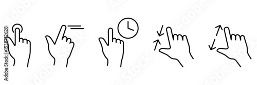 Hand gesture touch interaction tap swipe hold zoom pinch mobile interface icon set vector illustration user control motion.