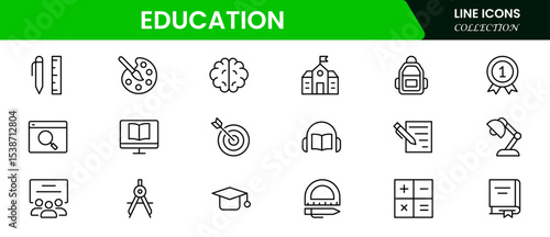 Engaging vector web line icons depicting education, learning, books, digital classrooms, and academic tools for knowledge and skill advancement.