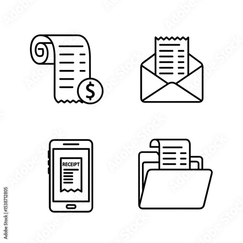 Digital and Paper Receipts Icons  Black and White Line Art Illustrations of Payment and Transaction Documents