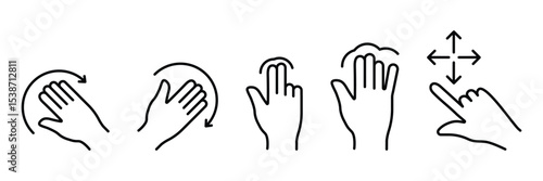 Touch interaction motion sensor hand gesture icon set for control rotate wave move zoom scroll interface vector illustration.
