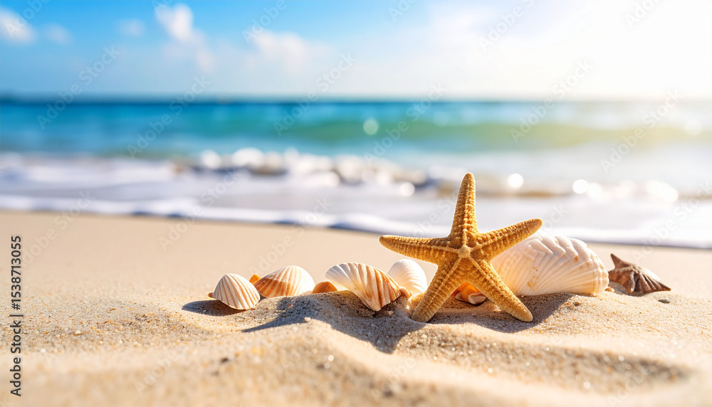 close up of starfish and shells on the beach close up of starfish and shells on the beach