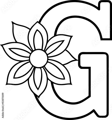 Alphabet G coloring page with the flower, G letter digital outline floral, ABC coloring page