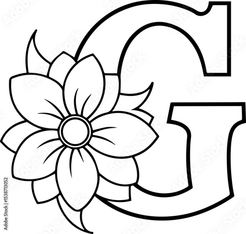 Alphabet G coloring page with the flower, G letter digital outline floral, ABC coloring page
