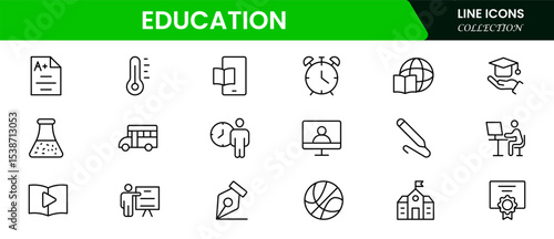 Engaging vector web line icons depicting education, learning, books, digital classrooms, and academic tools for knowledge and skill advancement.