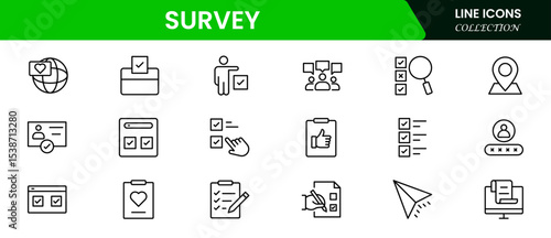 Precise vector web line icons depicting surveys, questionnaires, feedback, data collection, and analytics for insightful decision-making and user engagement.