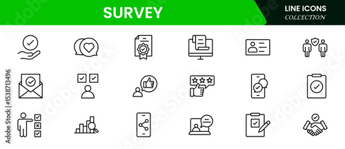 Precise vector web line icons depicting surveys, questionnaires, feedback, data collection, and analytics for insightful decision-making and user engagement.