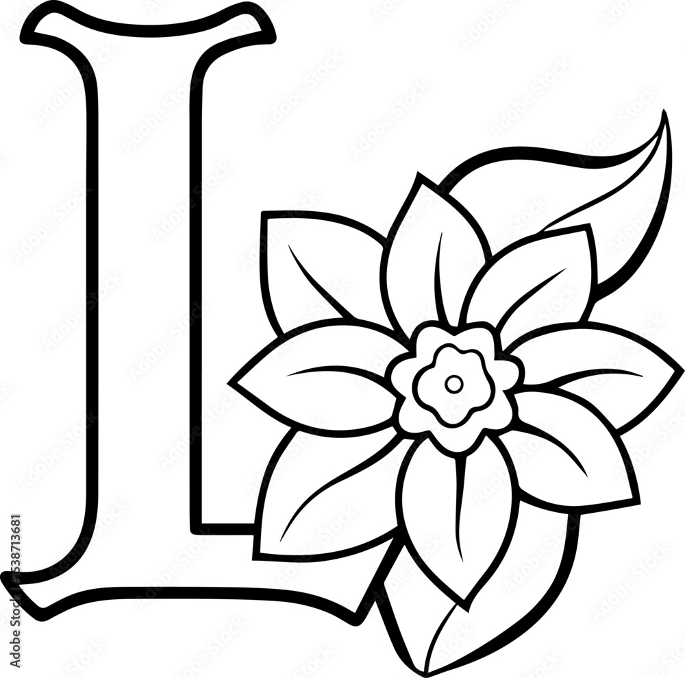 Fototapeta premium Alphabet L coloring page with the flower, L letter digital outline floral, ABC coloring page