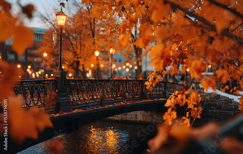 Autumnal Cityscape Orange Leaves Frame a Bridge at Dusk