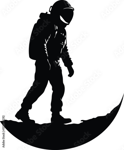 An astronaut steps onto a crescent moon in silhouette art style