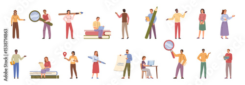 Characters studying and working. Vector in flat style, isolated men and women doing projects on laptop, professional research and analysis. Painter and creative industry employee, teacher and student