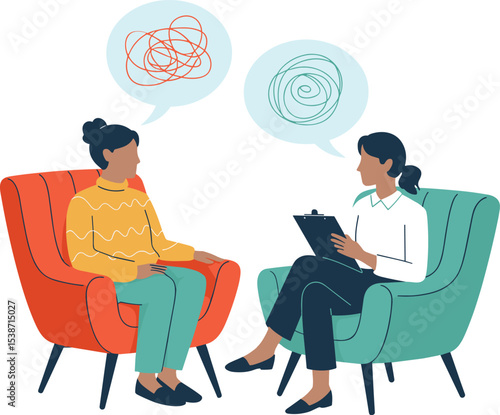 Female therapist and patient talking in counseling session, discussing mental health, emotional support, therapy, and psychological well-being illustration.