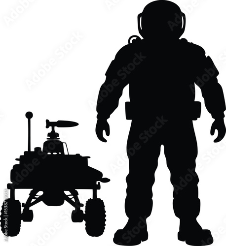 A Solemn Silhouette An Astronaut Standing with a Mars Rover Vehicle