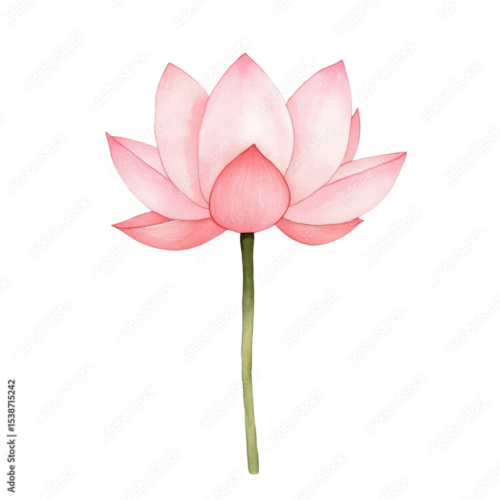 Fototapeta premium Beautiful pink lotus flower with delicate petals and slender green stem, symbolizing purity