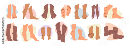 Girls feet set, isolated woman ankles and fingers collection. Vector cosmetic treatment in spa salon, isolated pedicure procedure for ladies. Beauty center and care for skin, pampering and massage