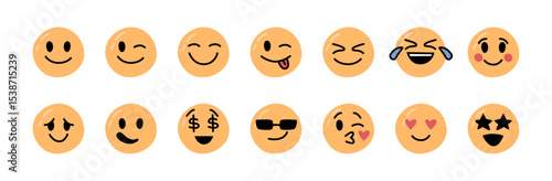 Stickers emotions face set. Vector isolated facial expression. Sticking out tongue and winking, happiness and laughter, joy and gladness feeling, in love and kiss