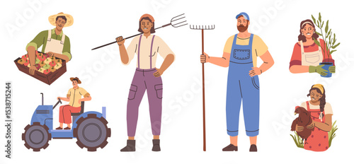 Farm workers at work. Vector women with pitchforks, chicken and plant. Men with rake, on tractor and with box of fruit or vegetables. Feeding and caring for livestock, planting and cultivating crops